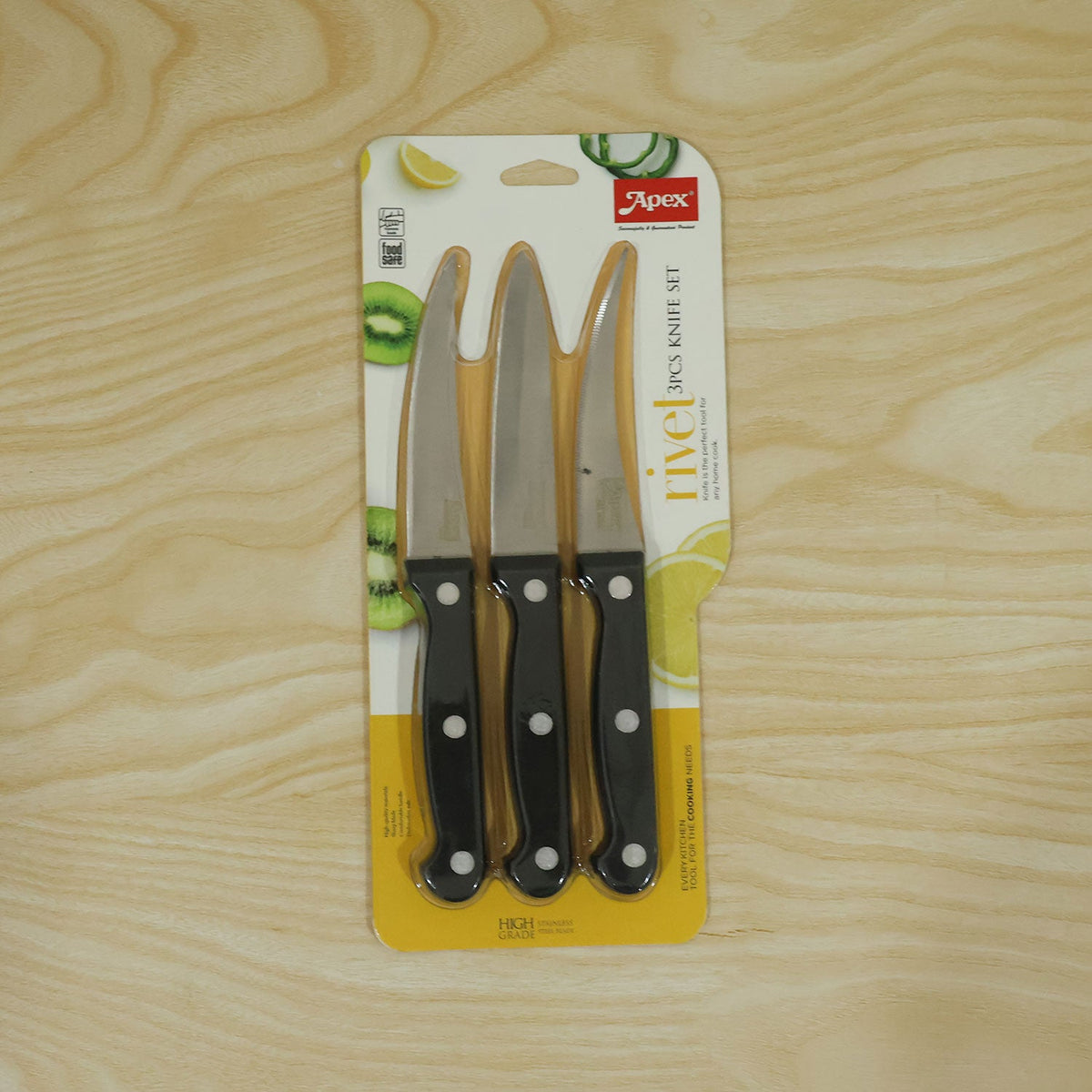 Stainless steel kitchen knife set with riveted handles - actual product and card packing