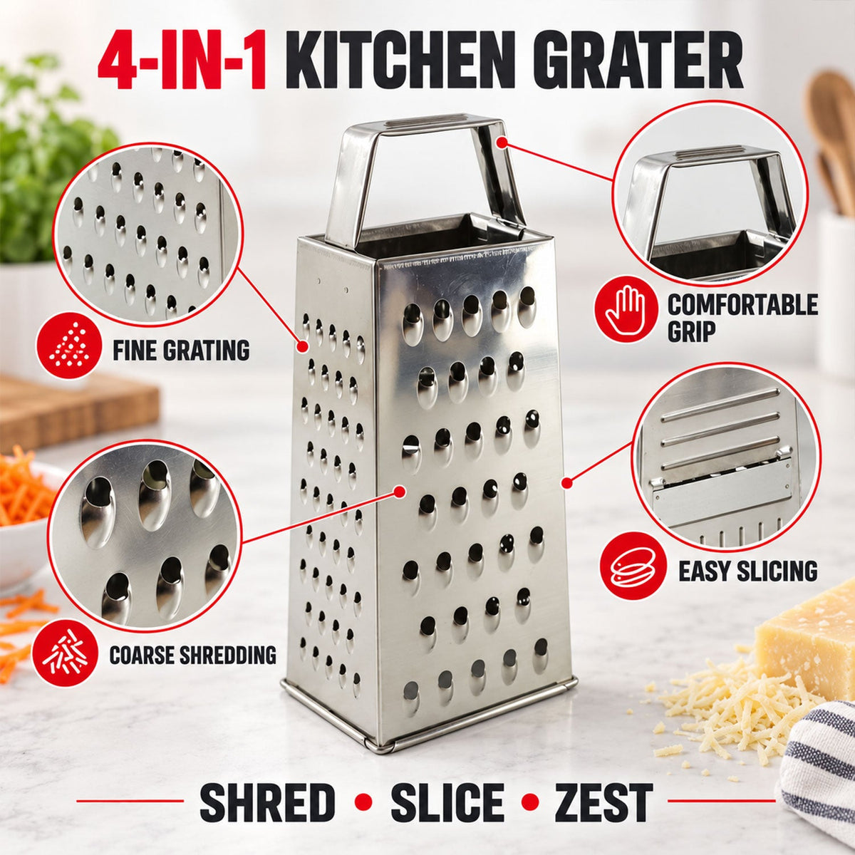 Steel box grater and slicer - grating and slicing features