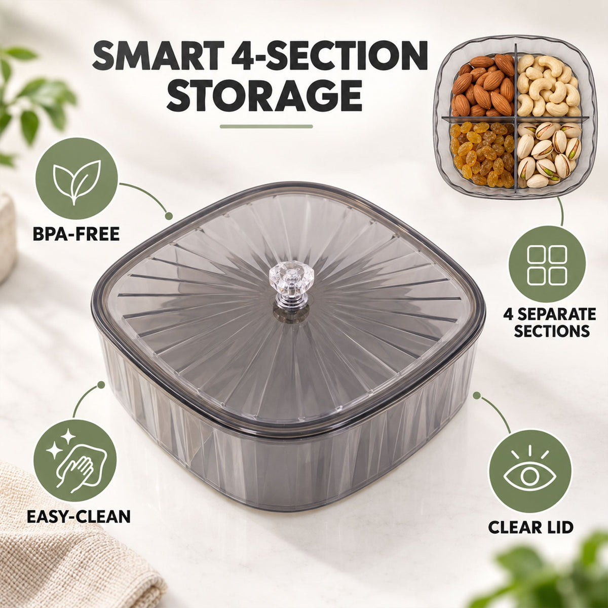 Four compartment dry fruit storage box - compartment features