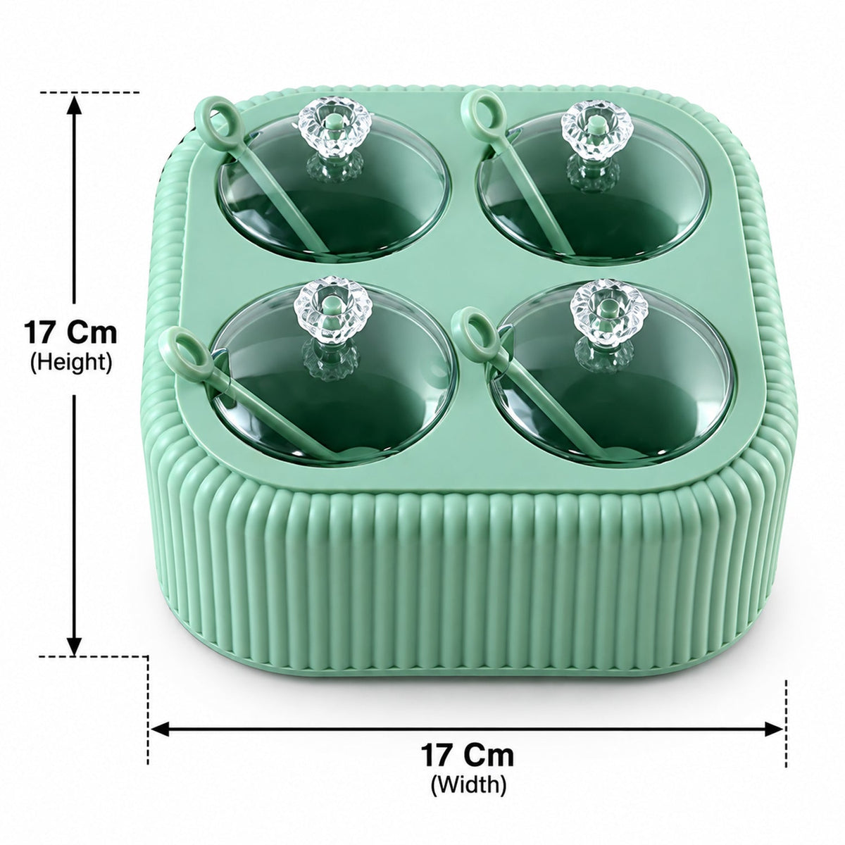 Mint green dining stand with four lidded jars, showing 17 cm height and width dimensions.