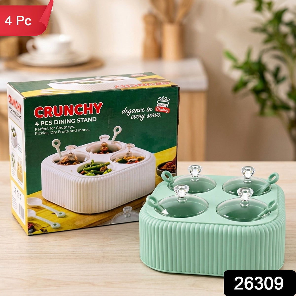 Mint green dining stand with four lidded jars next to its product box, showing a 4 Pc label.