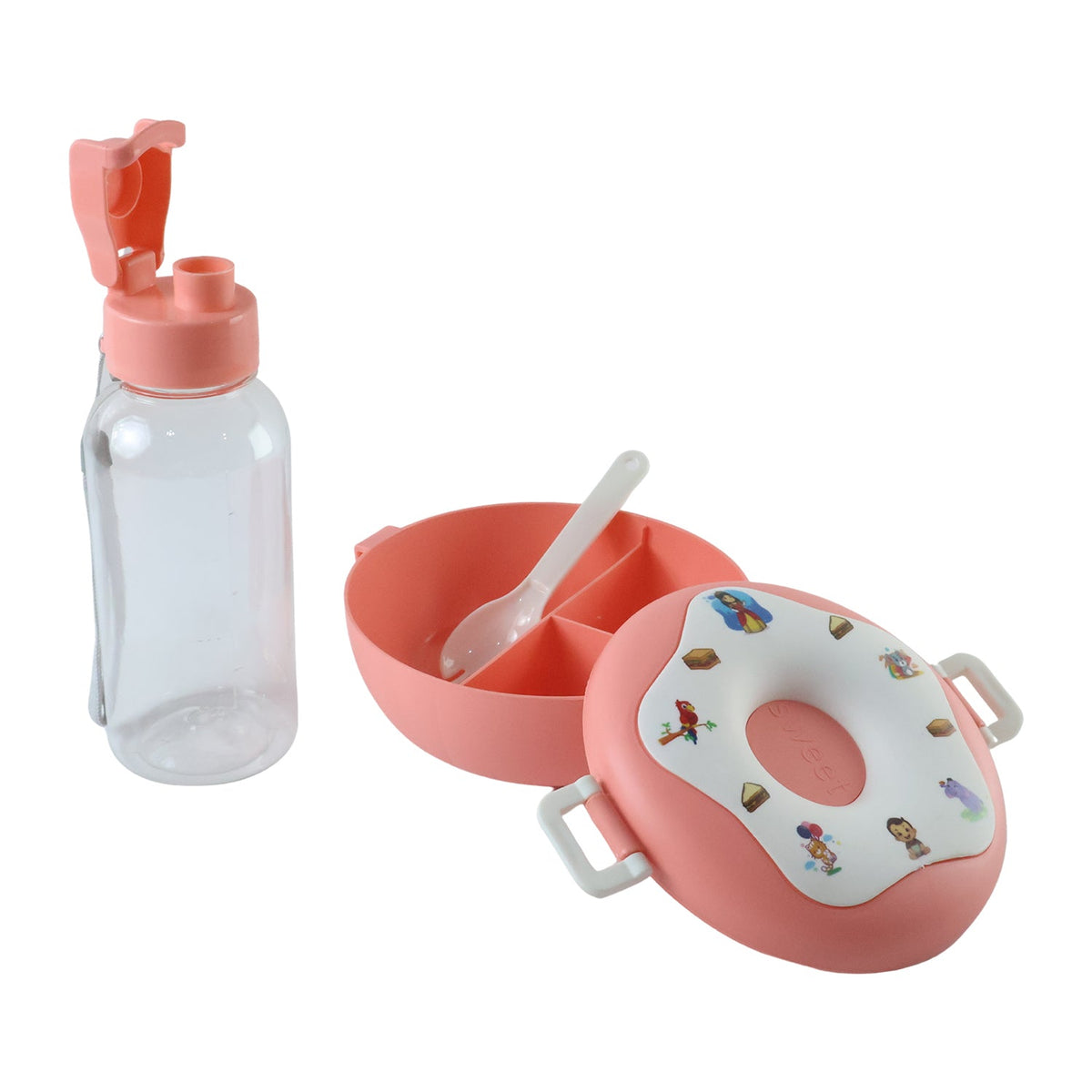 A pink donut-shaped lunch box, a clear water bottle, and a divided bowl with a white spoon, all on a plain white background.
