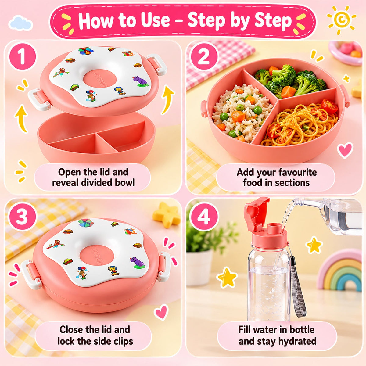 A four-panel graphic illustrating how to use the pink donut lunch box set, from opening the lid to filling the water bottle.