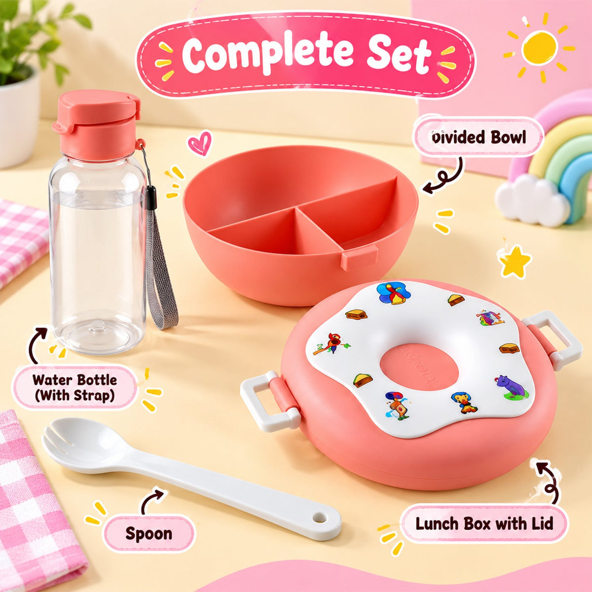 A complete set of the pink donut lunch box, divided bowl, water bottle with strap, and spoon, with labels for each item.