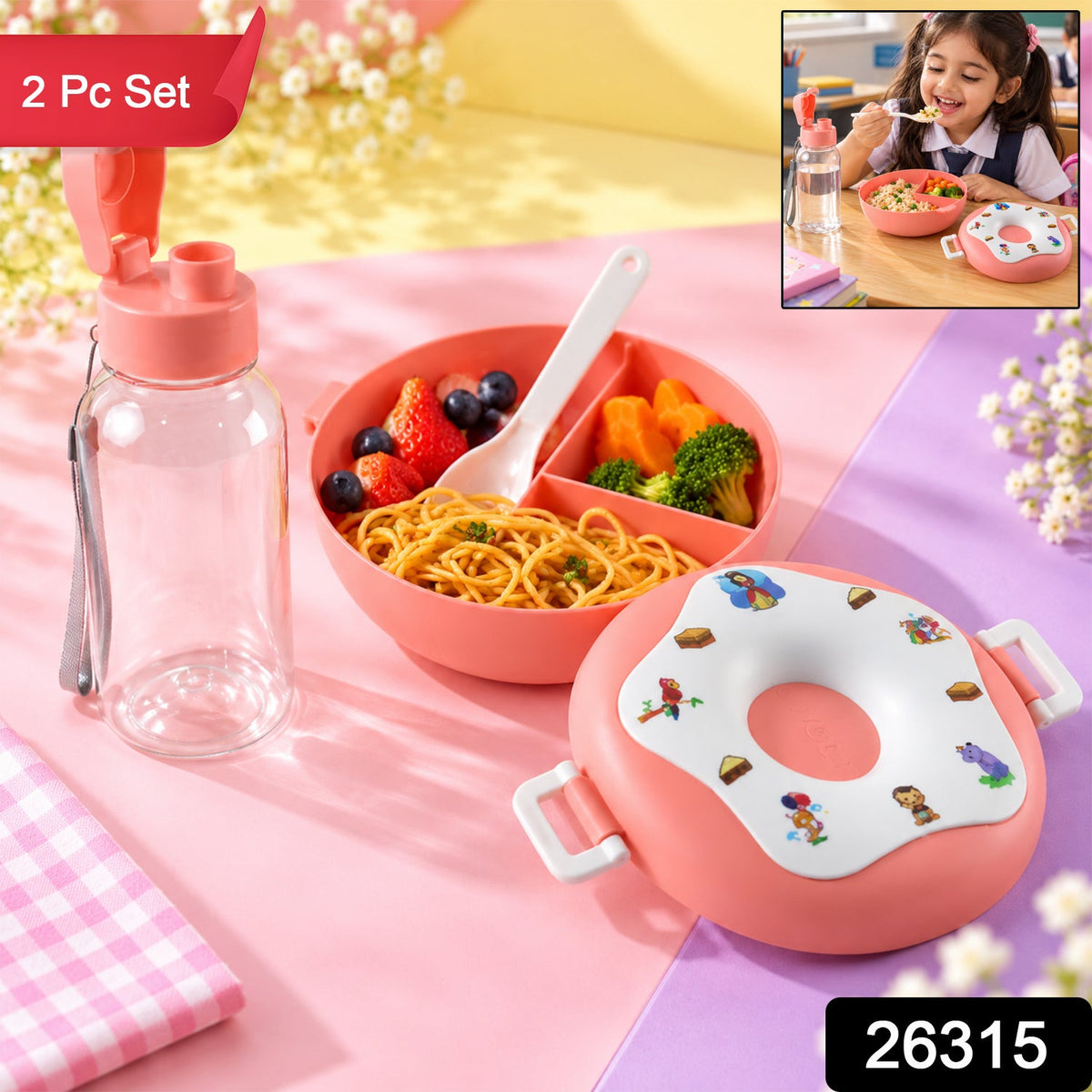 A pink donut-shaped lunch box, a clear bottle, and a divided bowl with food, plus a small inset showing a child eating.