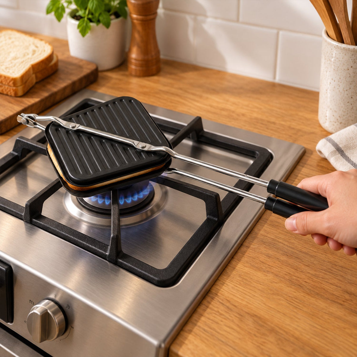 Black stovetop sandwich maker with long metal handles cooking on a gas burner, with a hand holding the handle.