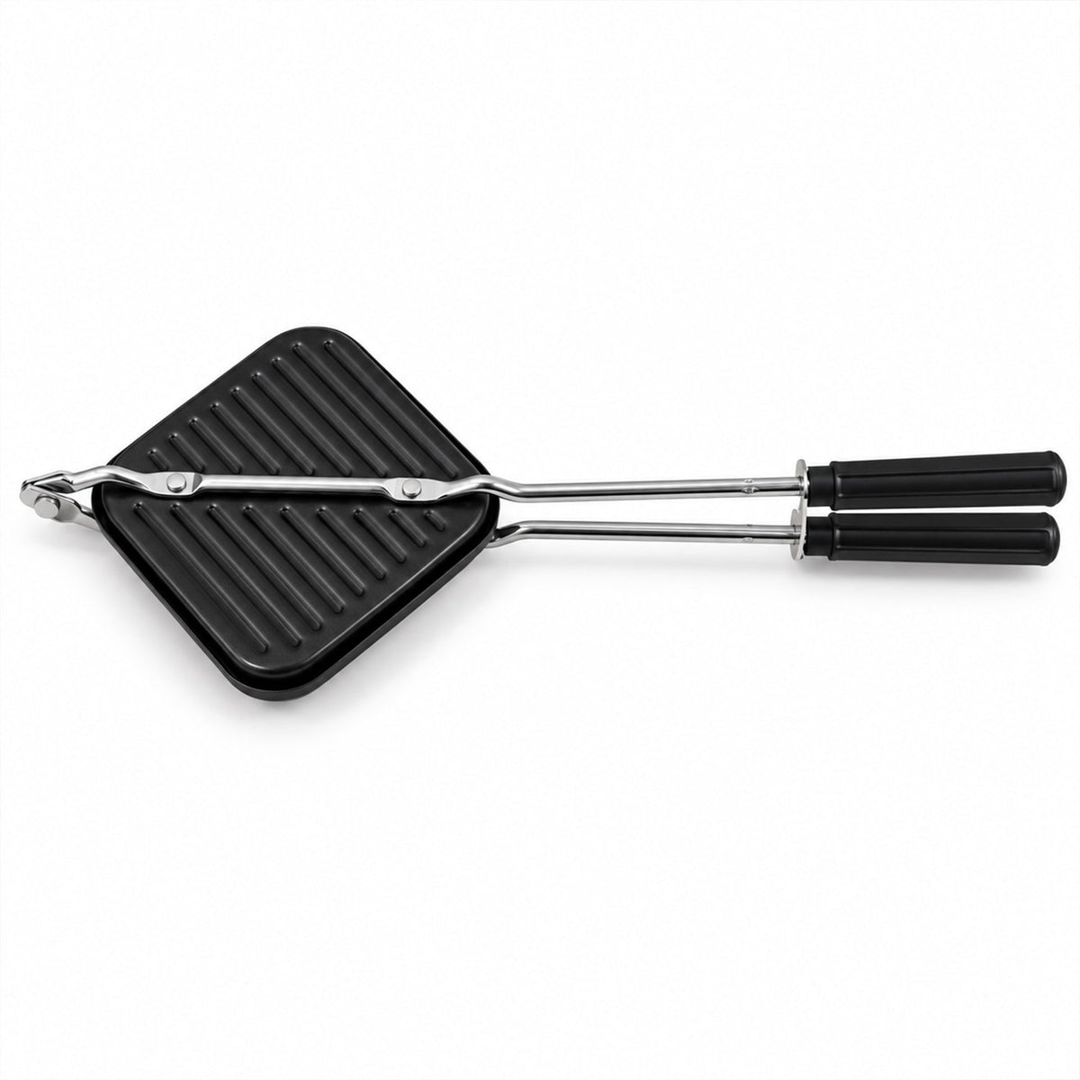 Top-down view of a black stovetop sandwich maker with ridged plates and long silver handles on a white background.