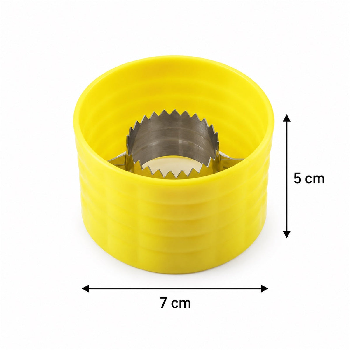 A yellow corn stripper with a serrated metal ring, showing dimensions of 7 cm width and 5 cm height.