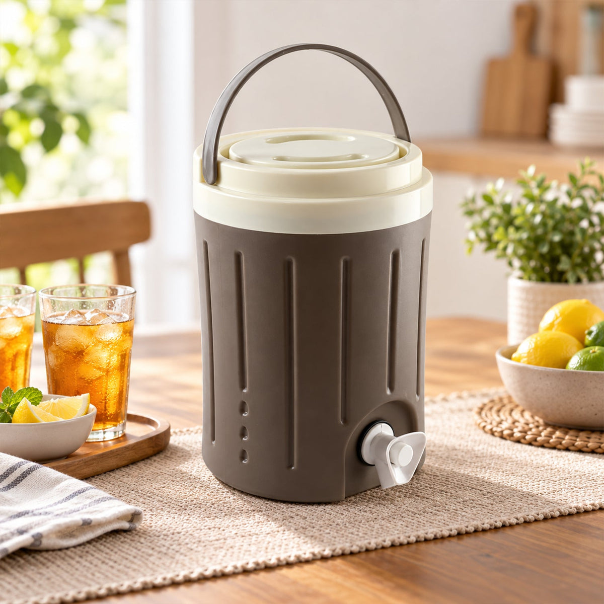 A brown and cream insulated jug with a tap on a table next to two glasses of iced tea and a bowl of lemons.