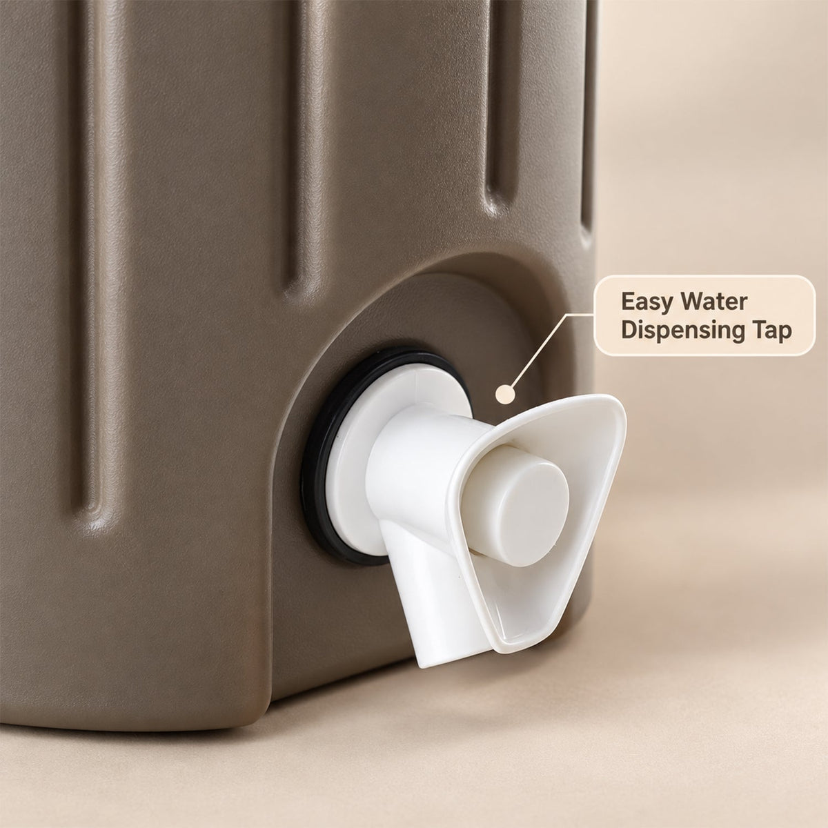 A close-up view of the white dispensing tap on the side of the brown insulated jug.