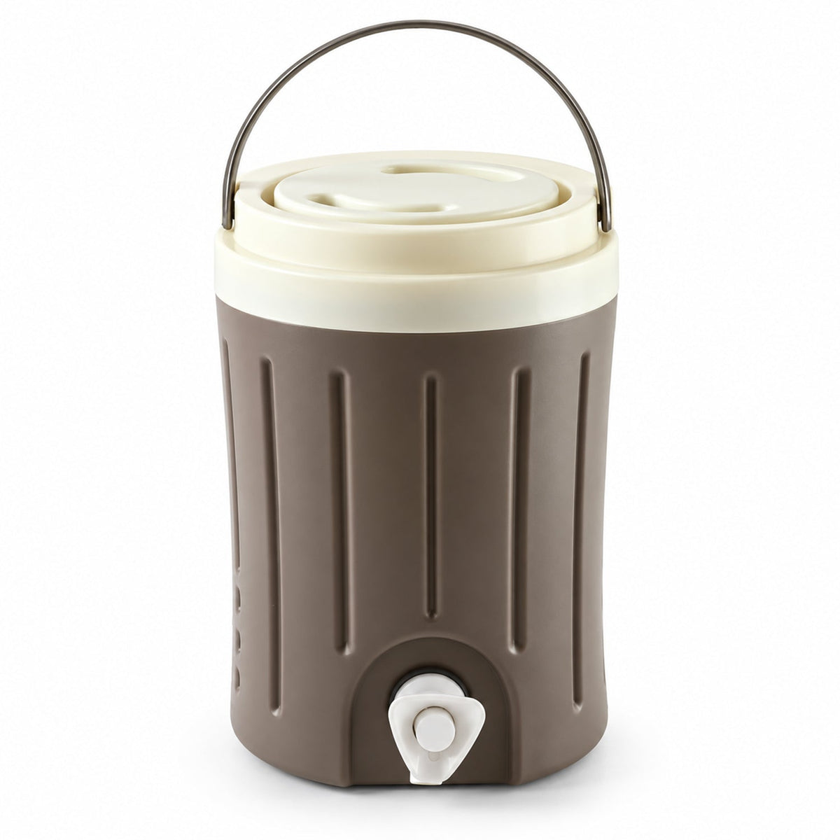 A brown and cream insulated jug with a handle and white tap is centered on a plain white background.