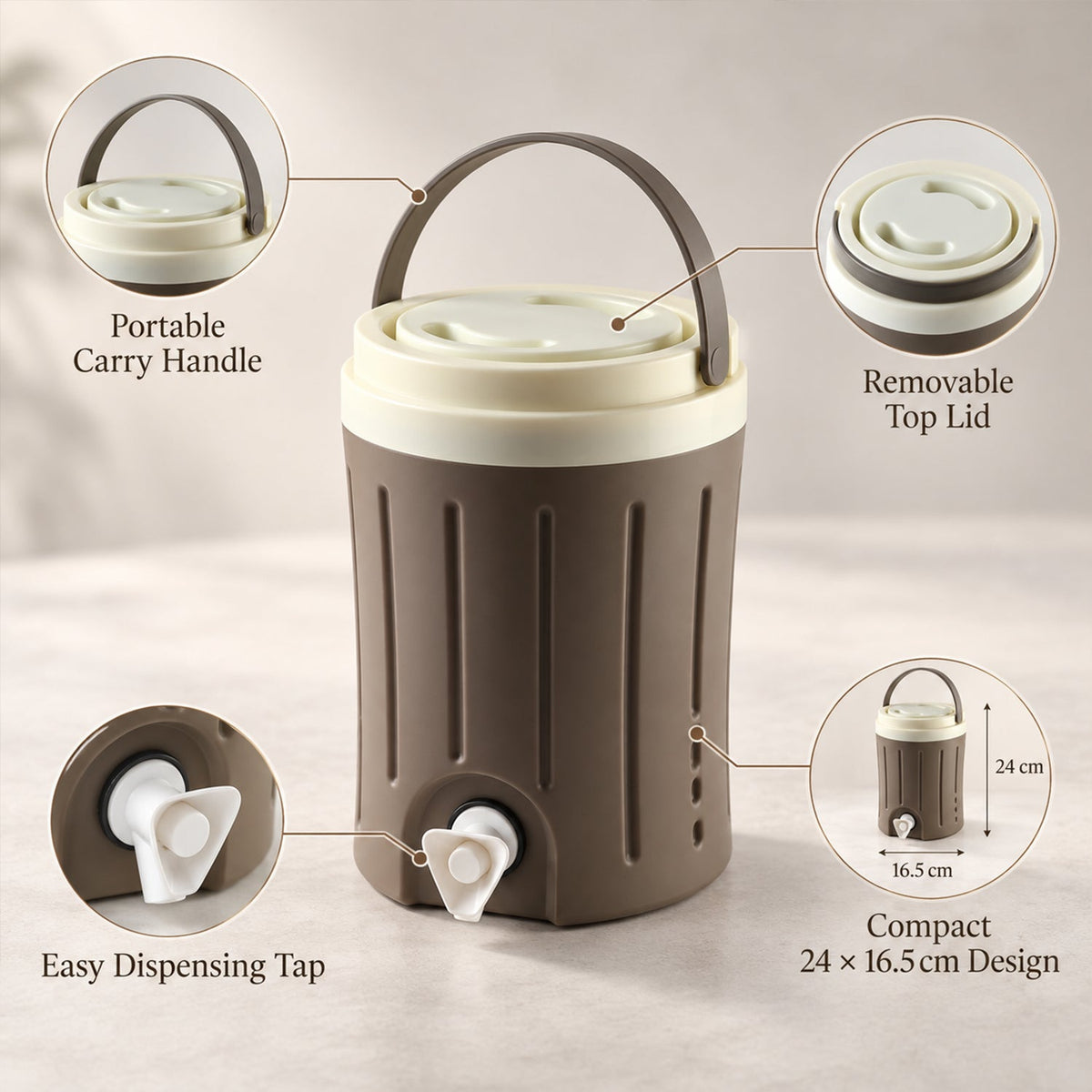An infographic of the brown and cream insulated jug highlighting its handle, lid, tap, and dimensions.