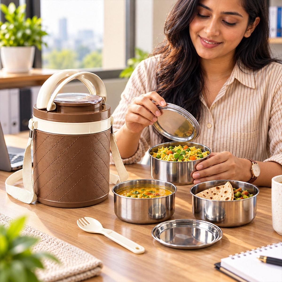 A woman opening a brown and cream insulated tiffin box with three steel containers filled with food, a white spoon and fork