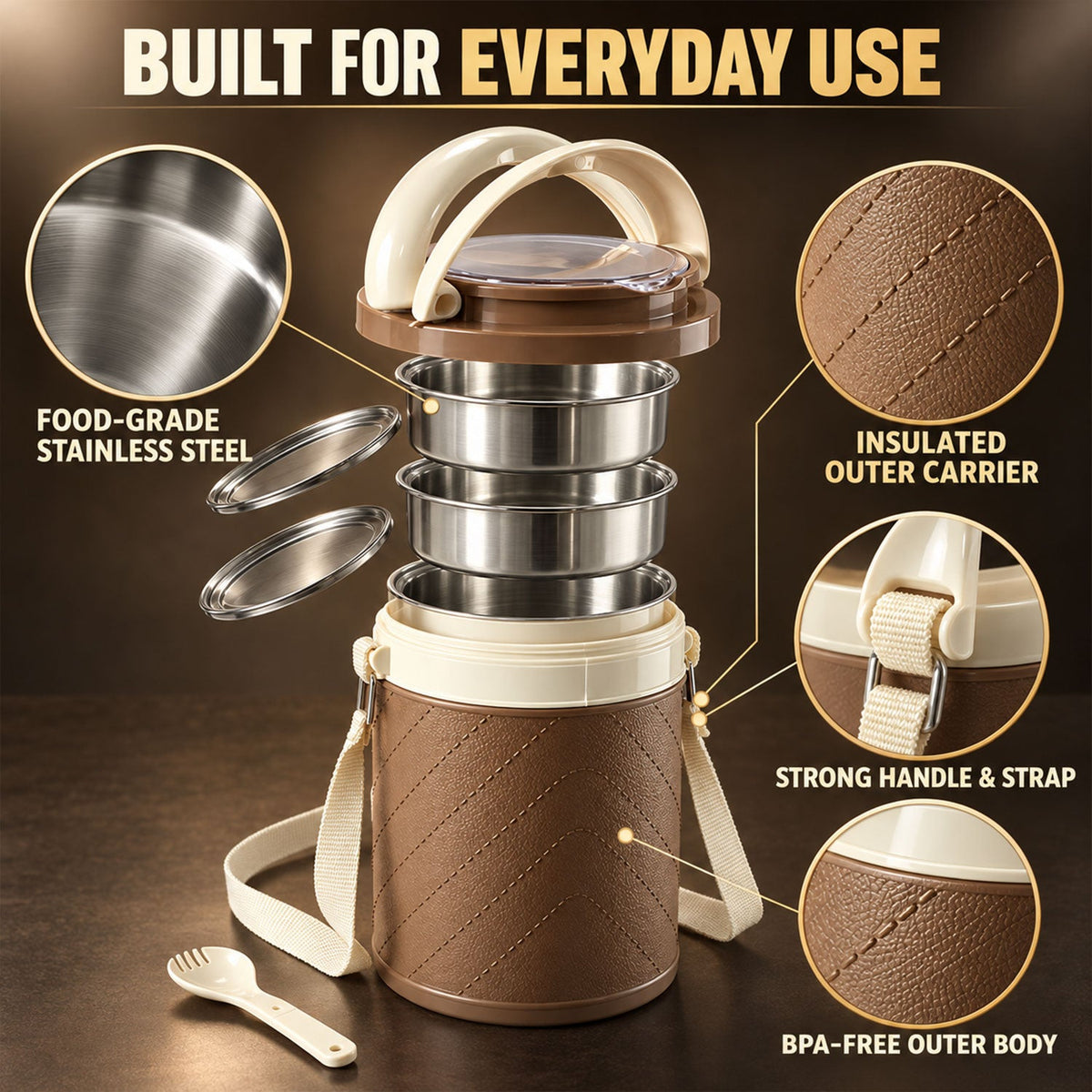 An exploded view of the brown and cream insulated tiffin box showing its stainless steel containers, insulated outer