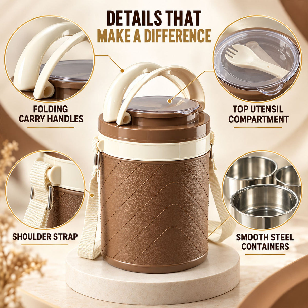 A brown and cream insulated tiffin box with a shoulder strap and handle, with callouts highlighting its folding carry