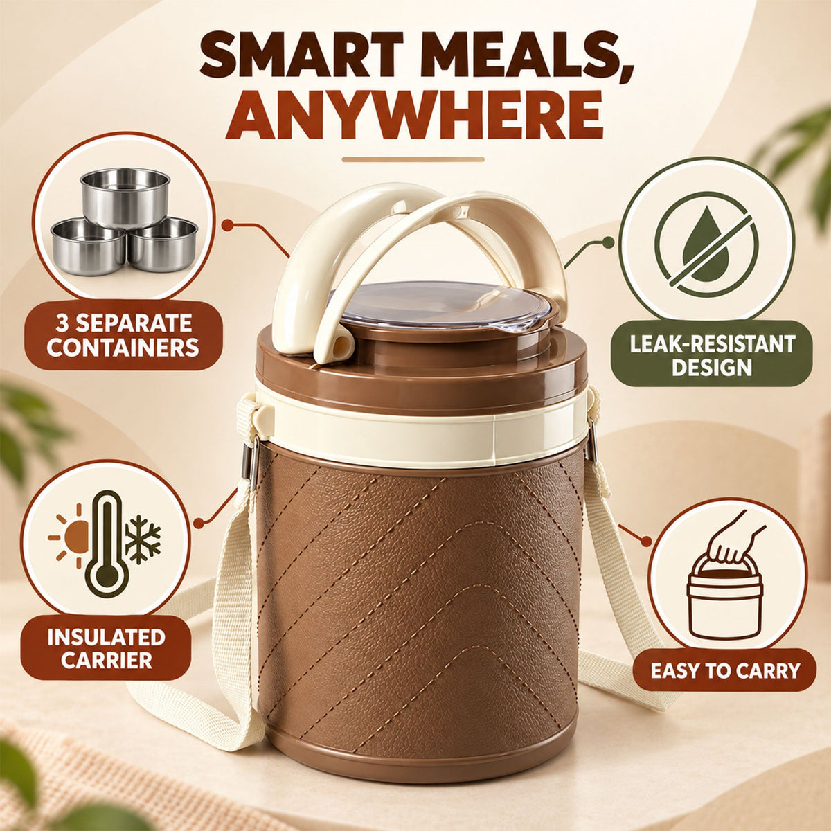 A brown and cream insulated tiffin box with a shoulder strap and handle, with icons illustrating its three separate