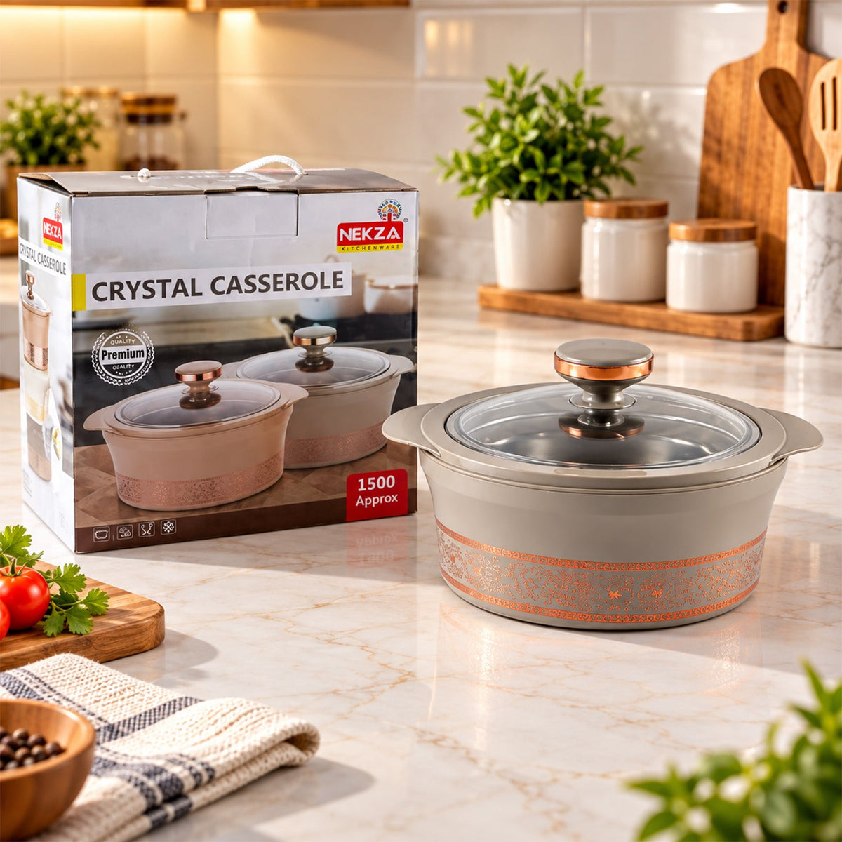 Crystal casserole glass lid steel inner 1500ml