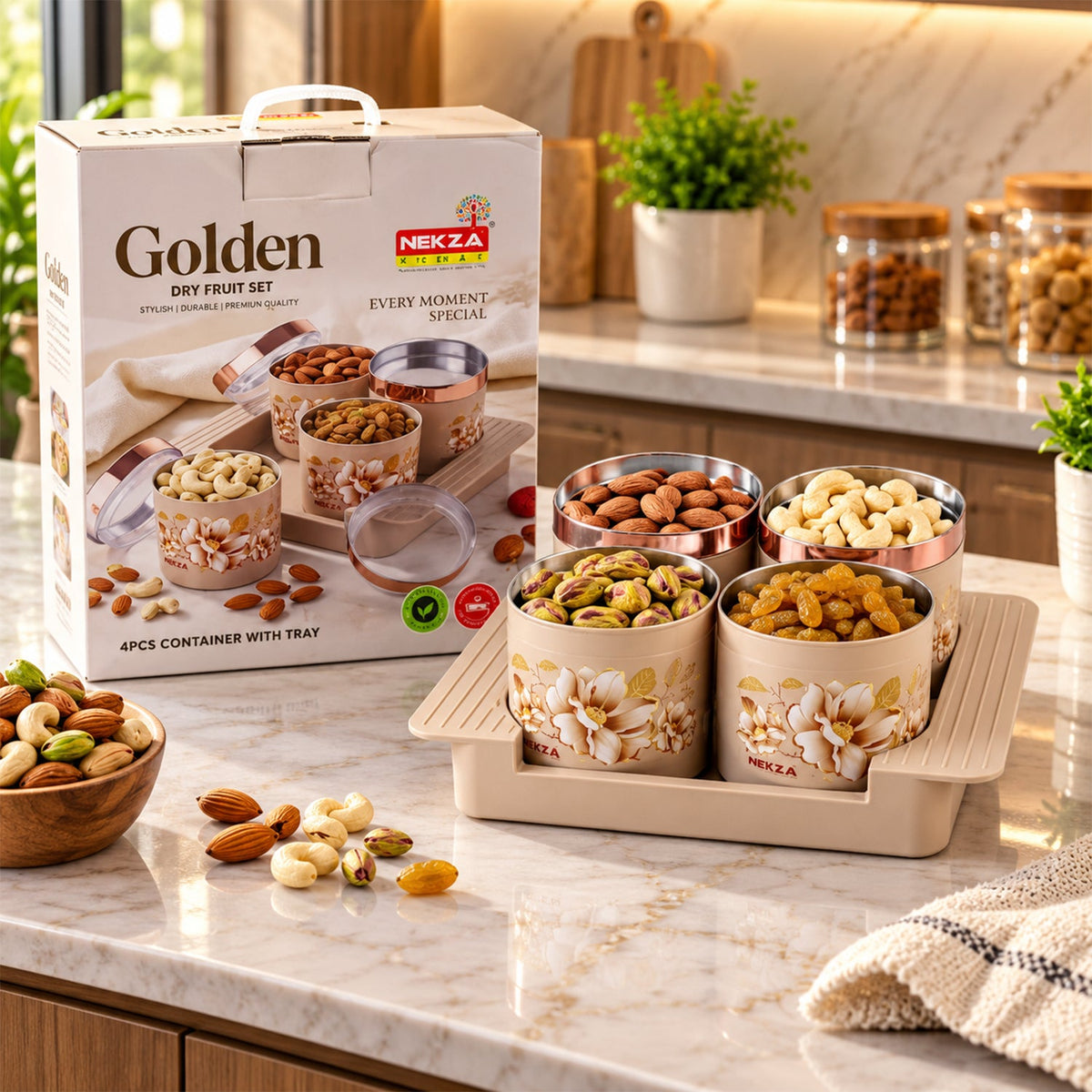 Golden dry fruit containers steel bowls serving tray