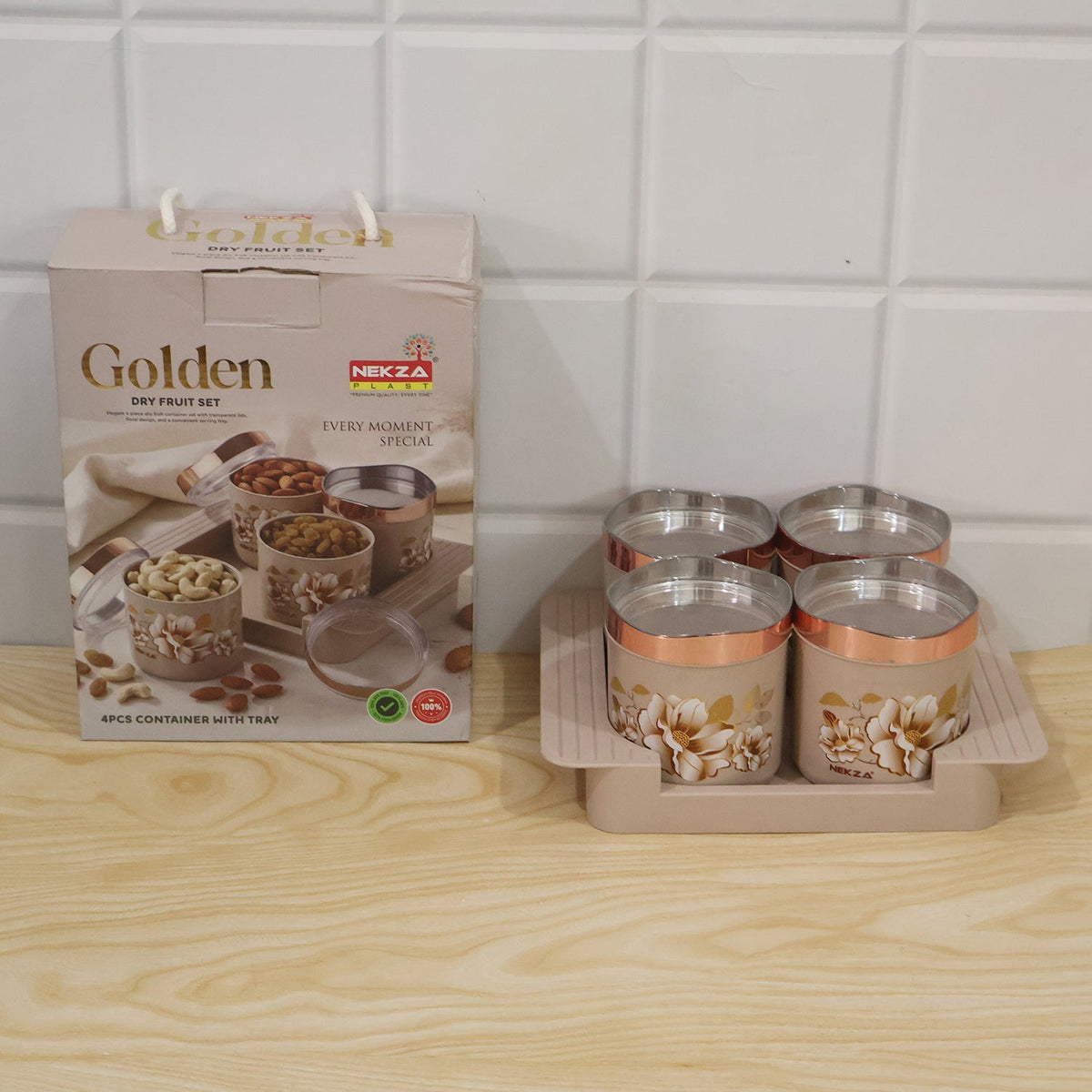 Golden dry fruit containers serving use