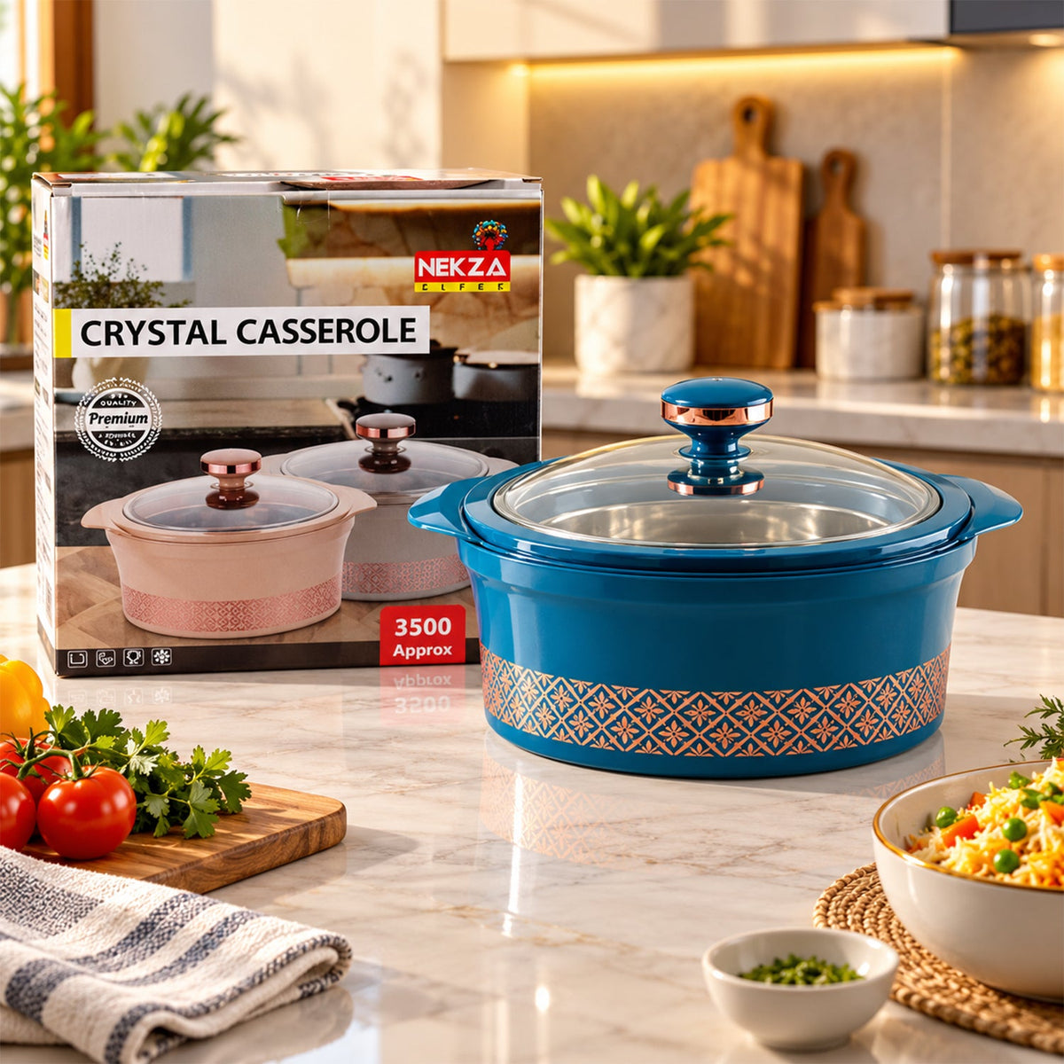 Crystal casserole steel inner bowl glass lid 3500ml