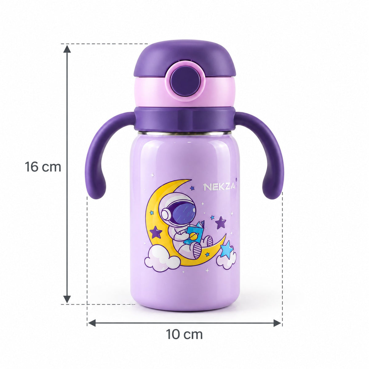 A purple astronaut-themed water bottle with handles and dimensions of 16 cm height and 10 cm width.