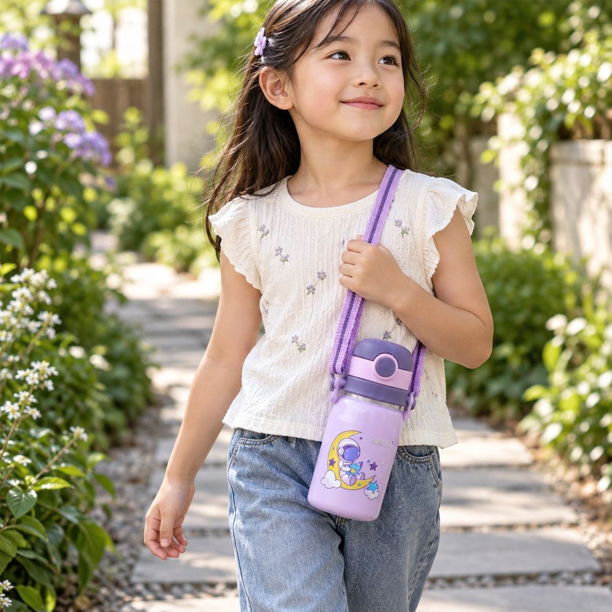 A young girl with long hair walks outdoors, carrying a purple astronaut-themed water bottle with a striped strap.