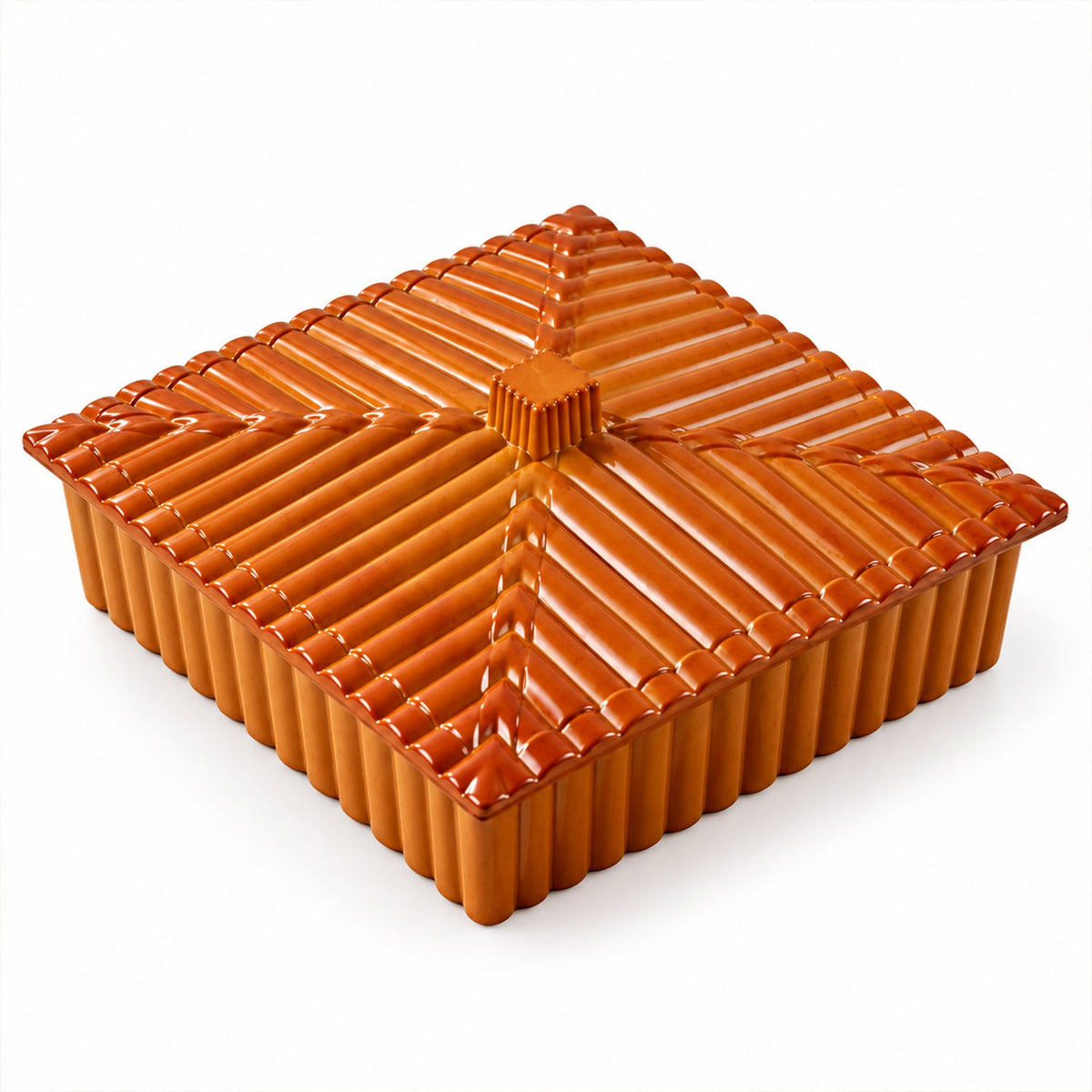 A closed brown square dry fruit box with a decorative ribbed lid, viewed from a slight angle.