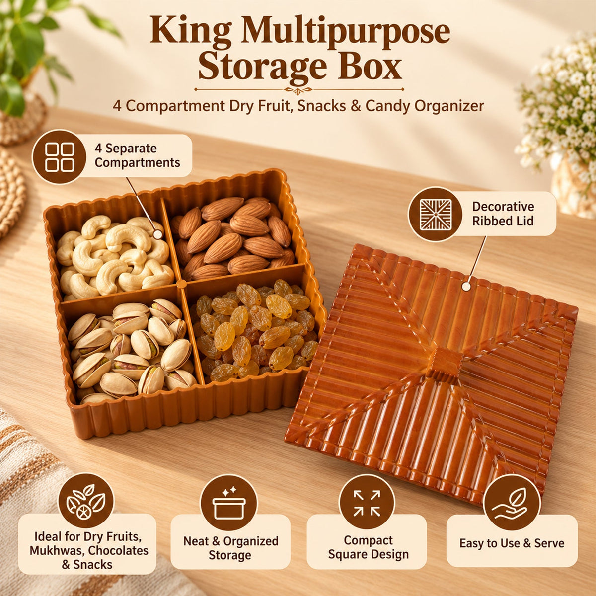 A brown four-compartment dry fruit box with a ribbed lid, filled with nuts and dried fruits, with descriptive text overlays.