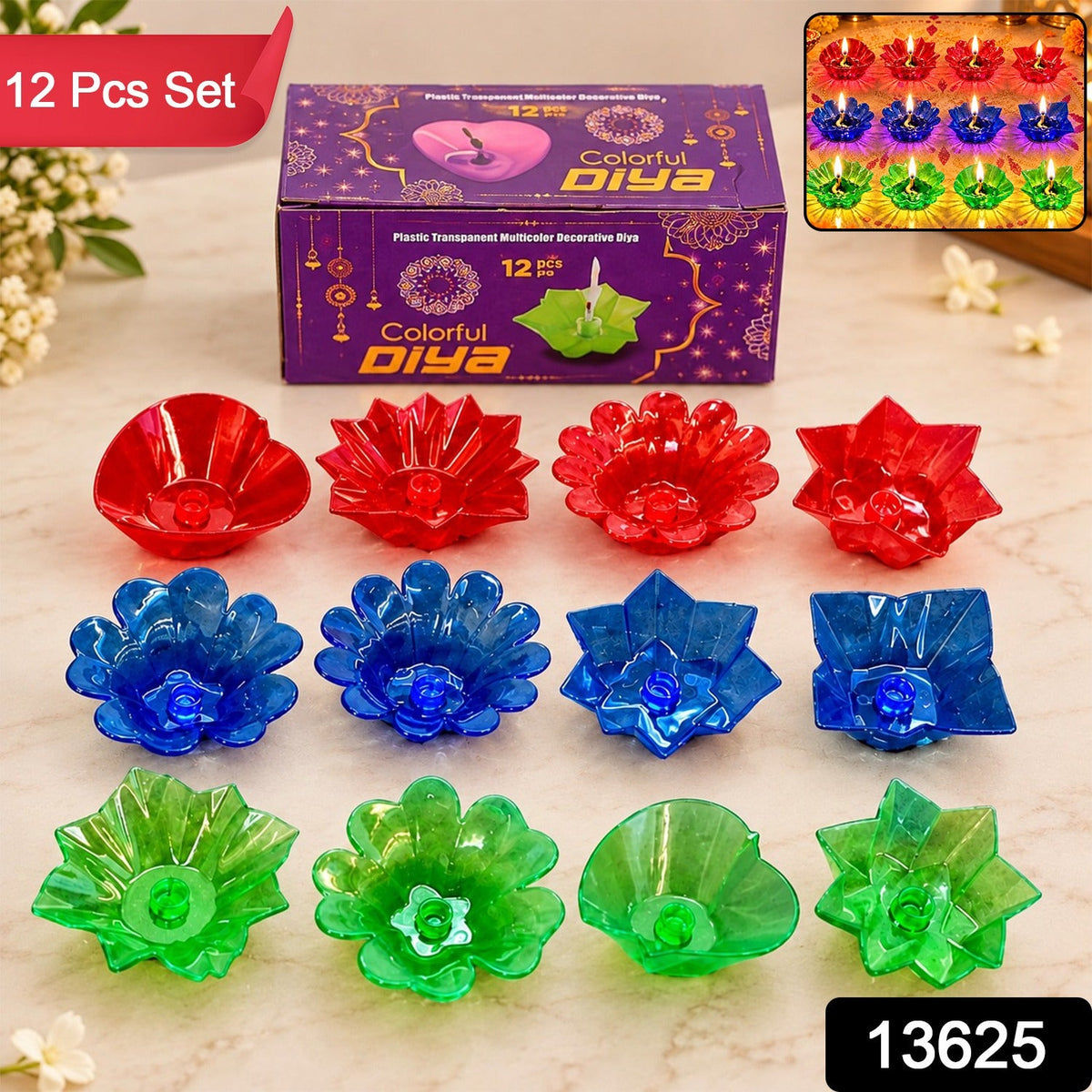 Lotus Reflection Diya Set for Home Decor, Colourful Tealight Holders (12 Pc Set)