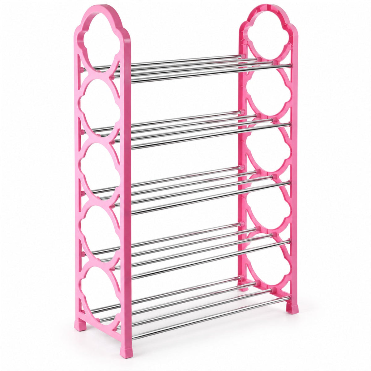 A freestanding pink shoe rack with five levels of silver metal rods, presented on a plain white background.