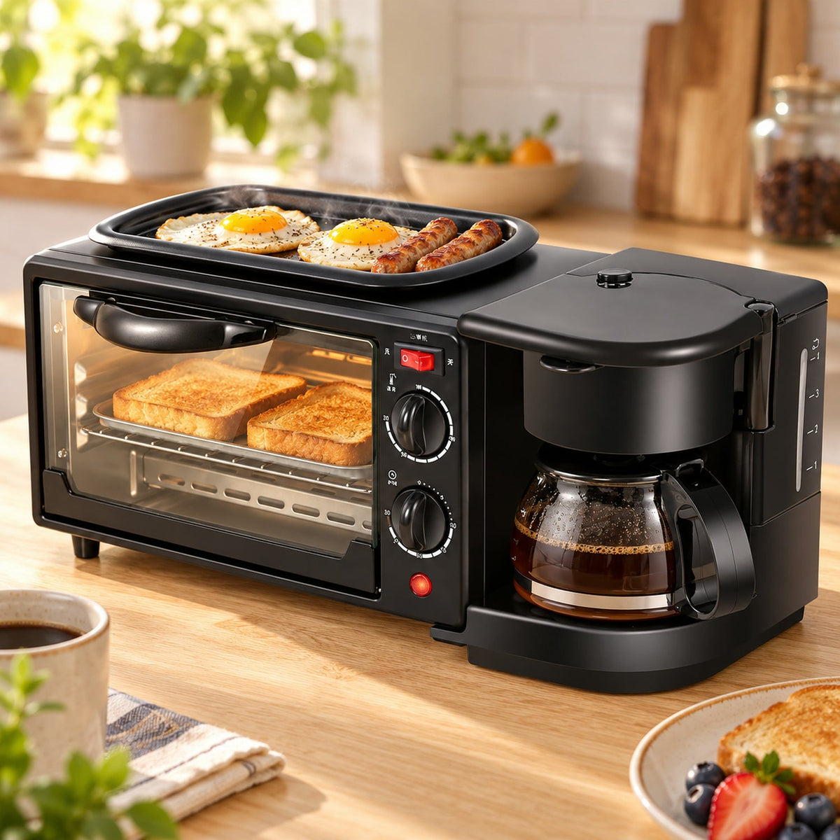 3-in-1 Breakfast Maker  Toaster Oven, Grill & Coffee | Indo Glow