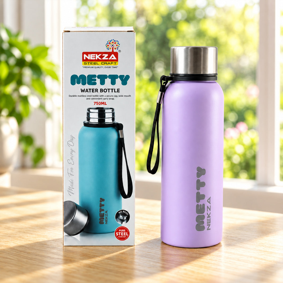 Metty Stainless Steel Water Bottle with Screw Cap and Carry Strap (750 ML)