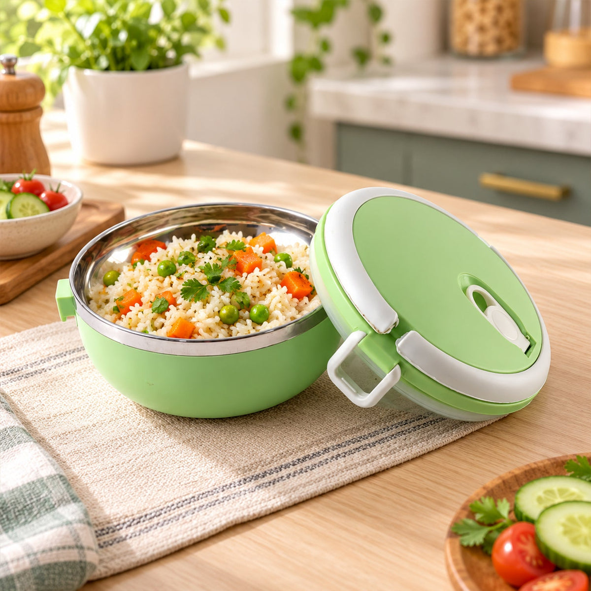 Single layer lunch box with steel inner bowl - main lifestyle