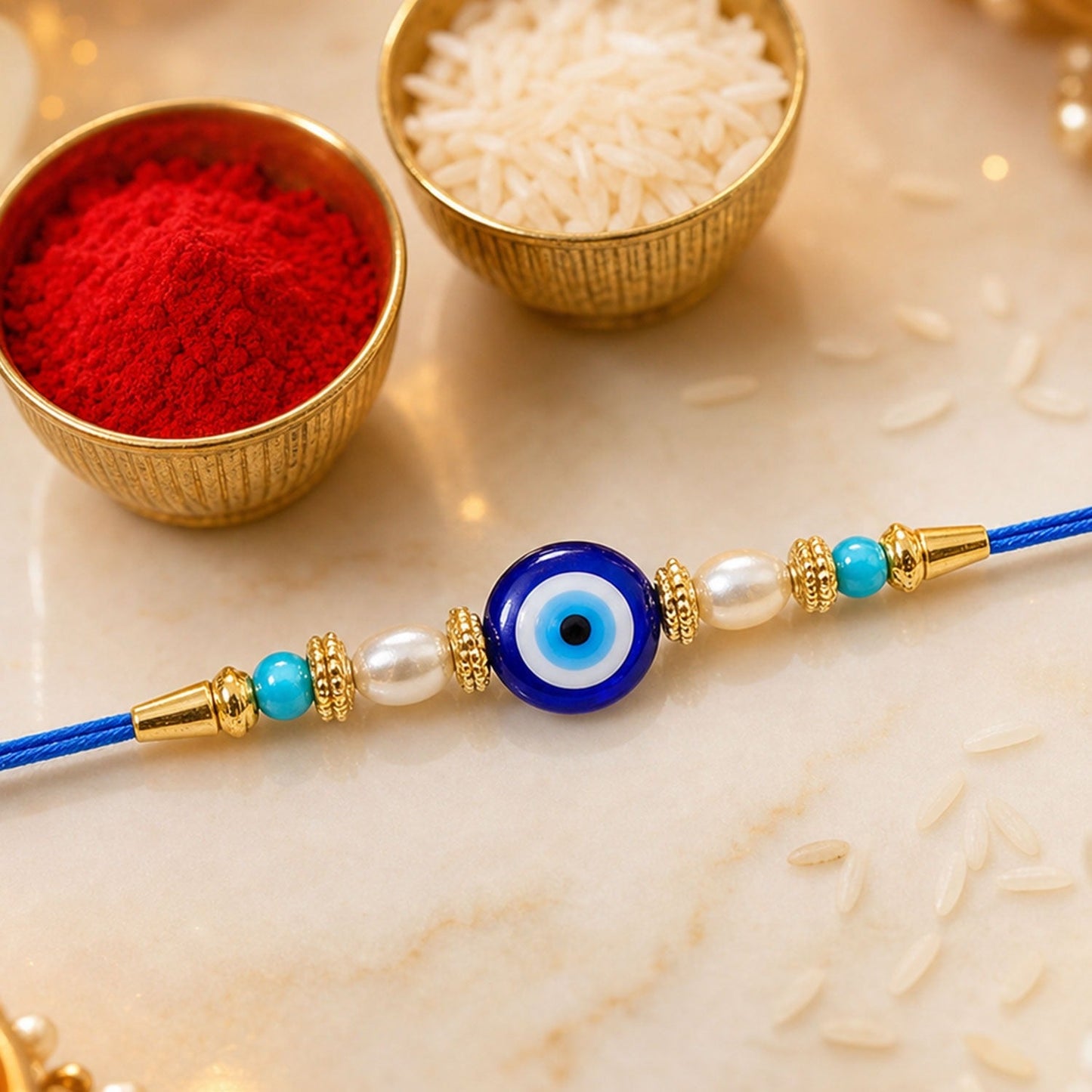 Elegant Blue Rakhi featuring a central stone, pearl beads, and golden detailing