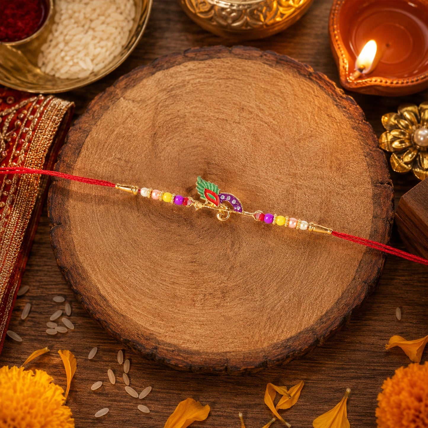 Artistic Rakhi decorated with bird motif and vibrant beads