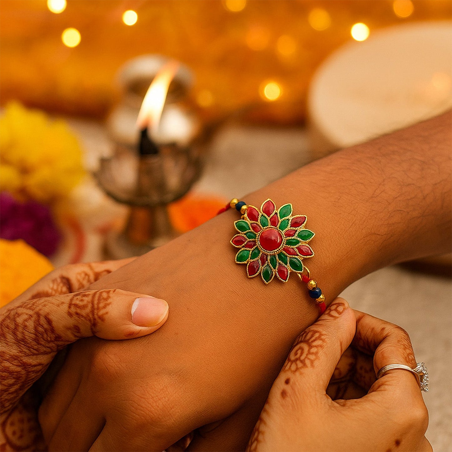 Handcrafted traditional red and green stone flower Rakhi for brother