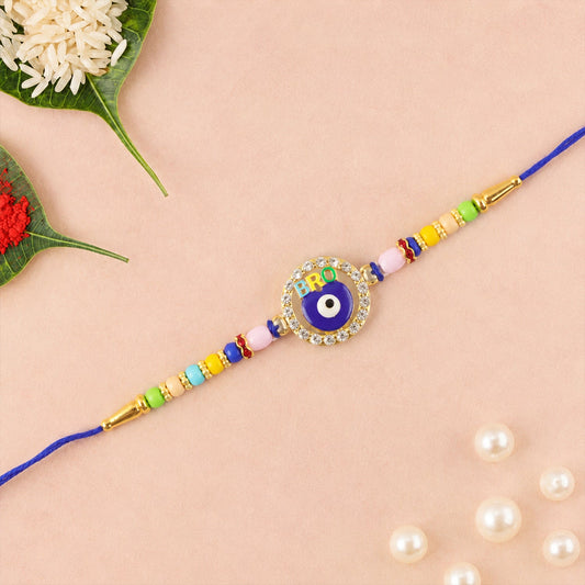 Elegant evil eye charm on designer Rakhi with beads