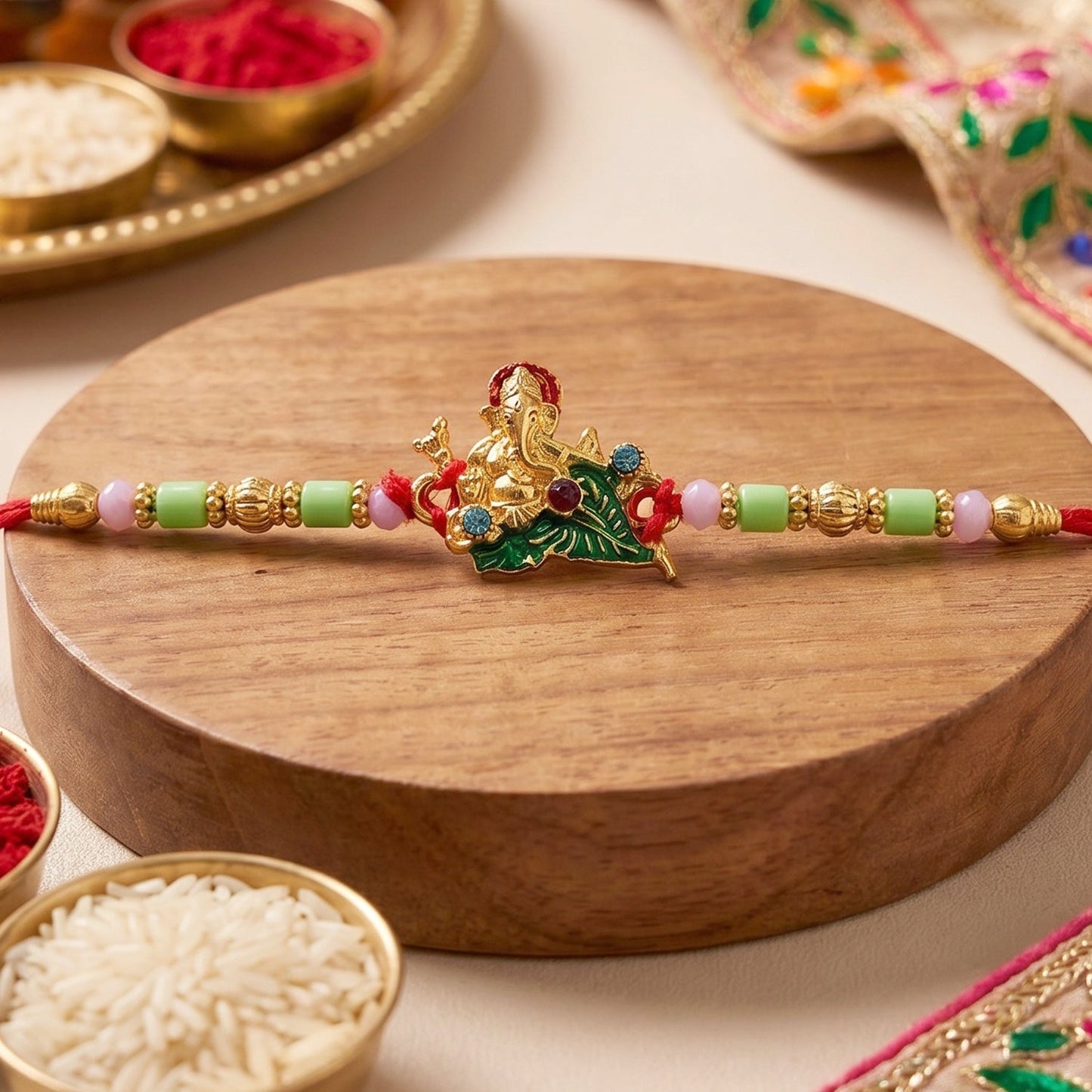Side profile of Lord Ganesha on leaf-themed designer Rakhi