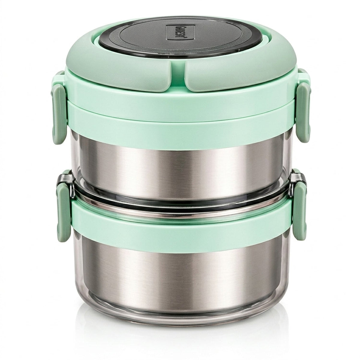 Detailed view of steel lunch box set.