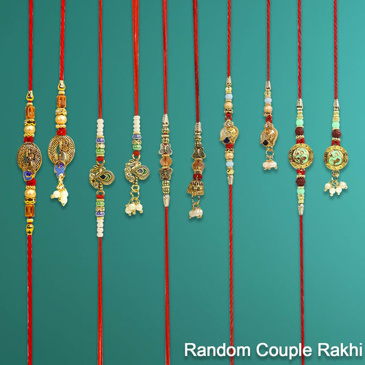 Bhaiya Bhabhi surprise couple Rakhi pair with traditional and stylish motifs on red threads