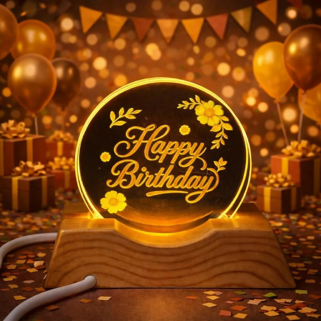 Happy Birthday LED Lamp Wooden Base Decorative Night Light