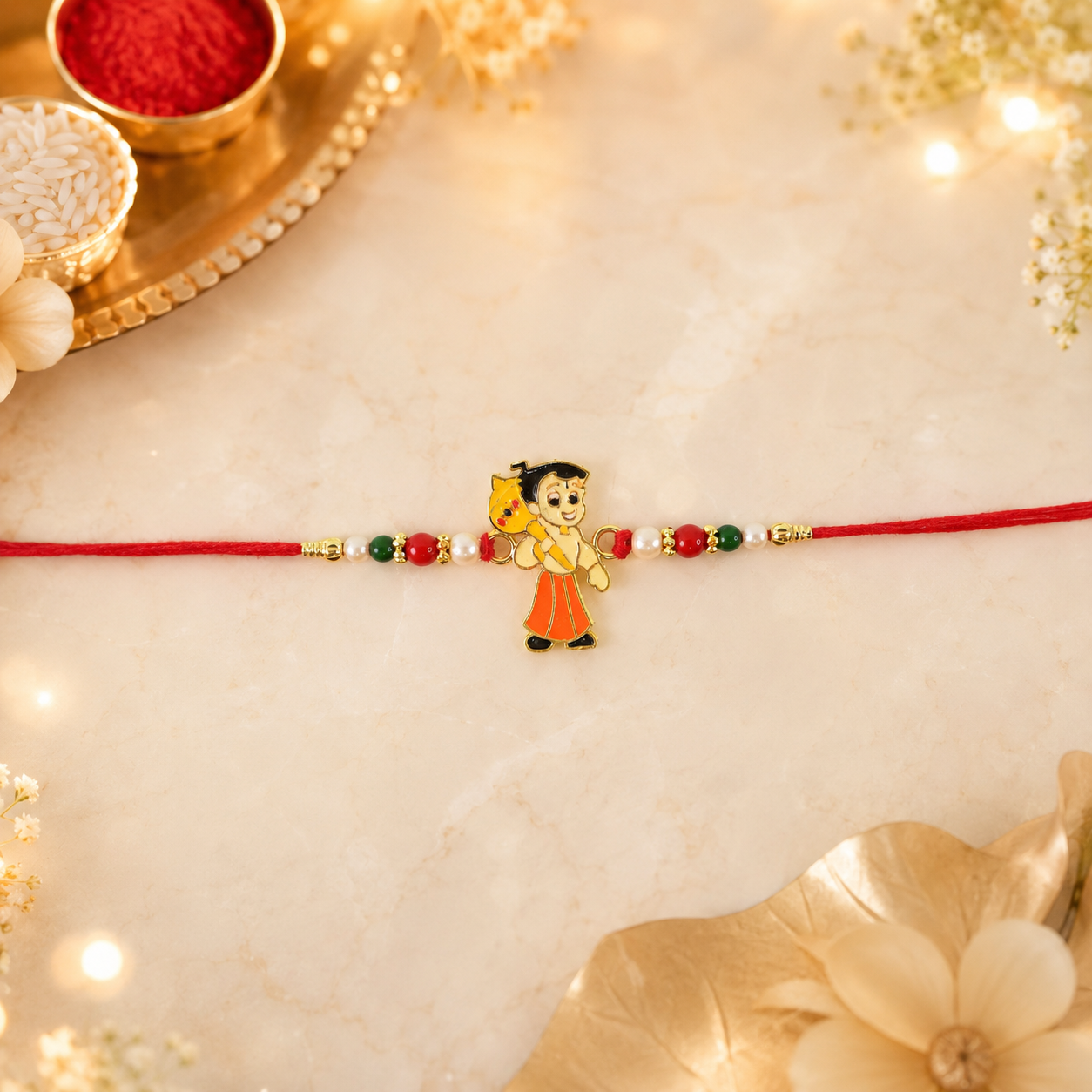 Vibrant Kids Cartoon Rakhi with green and red beads, perfect for Raksha Bandhan.