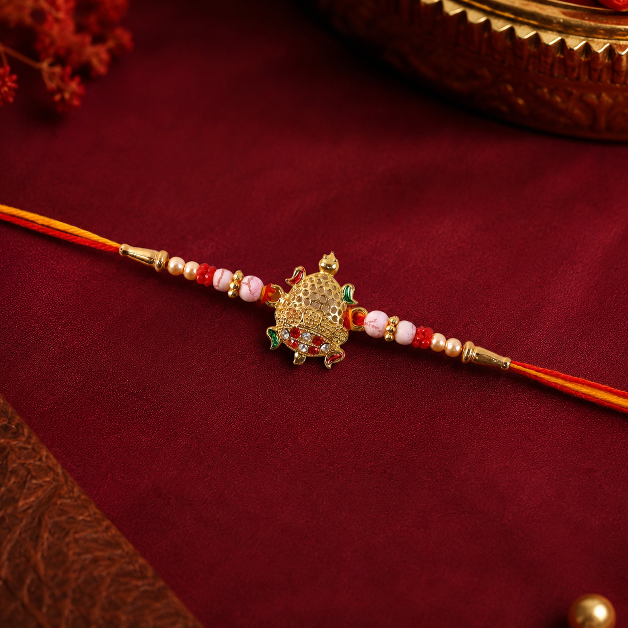 Side view of Gold Turtle Rakhi on white background