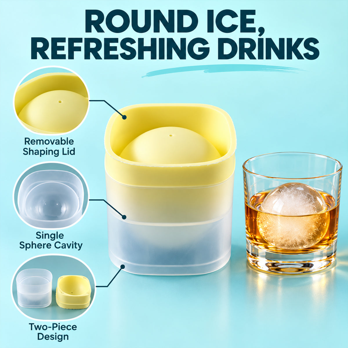 Silicone Ice Ball Mold with Removable Lid for Round Drink Ice Cubes (1 Pc)