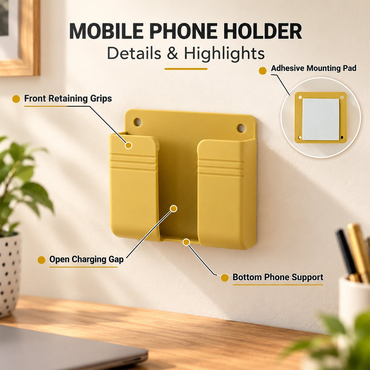 Adhesive Wall Mobile Phone Holder Stand with Charging Cable Opening (1 Pc)