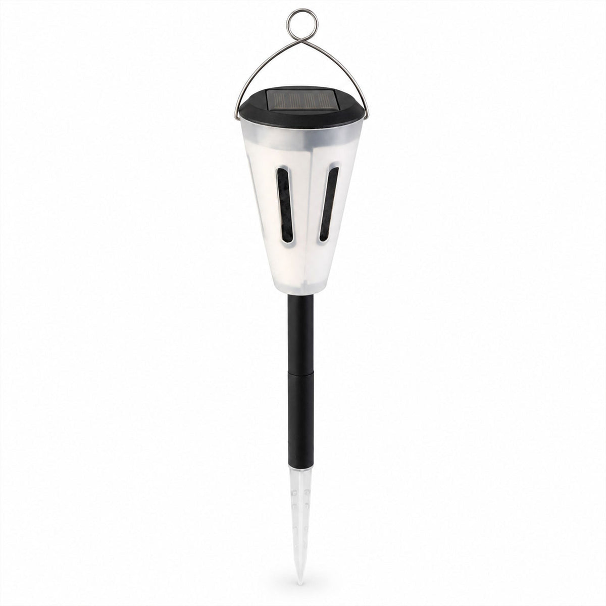 A white and black solar garden light with a metal hanging loop and clear ground stake is shown upright.
