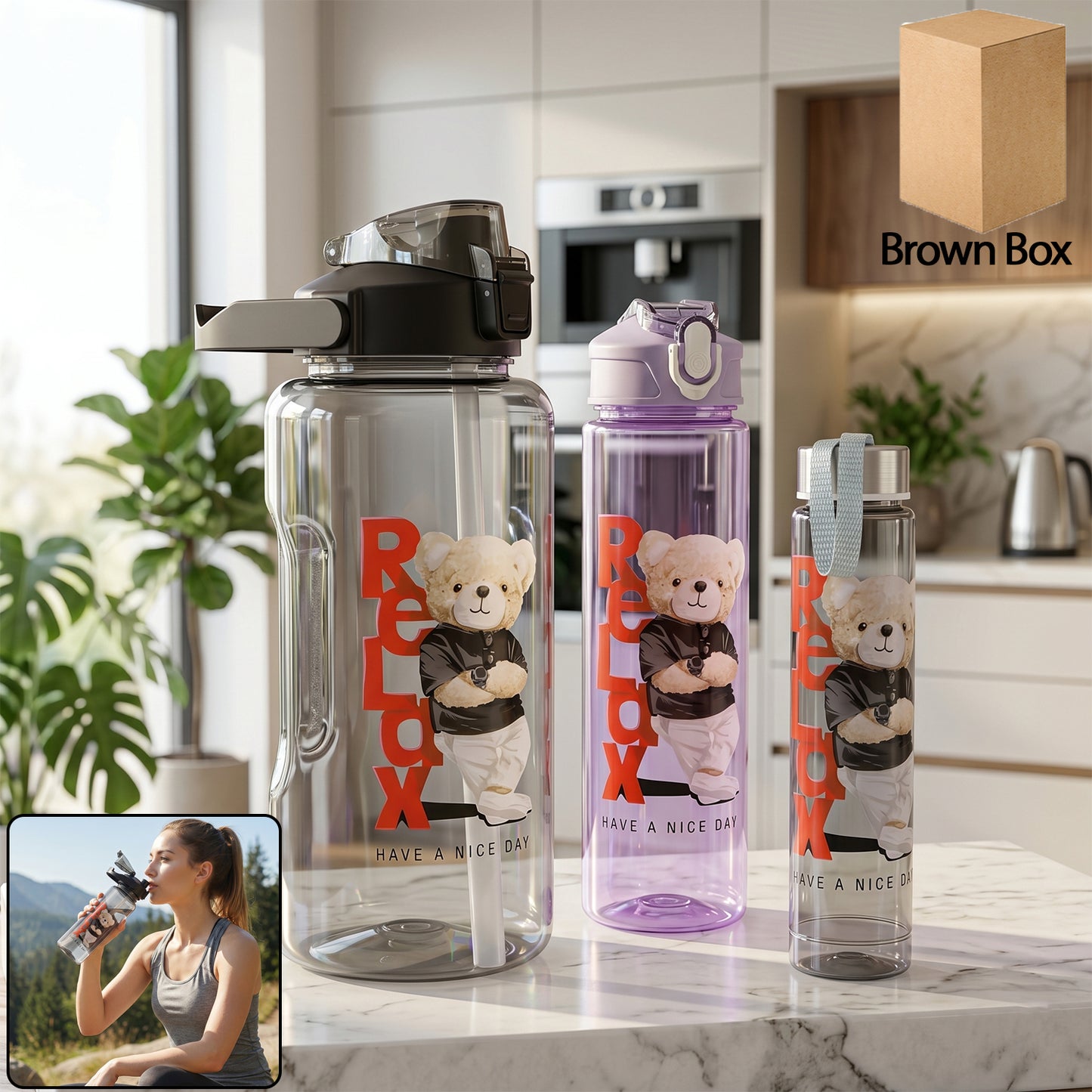 Plastic Water Bottle Set – BPA-Free, Leak-Proof, Cartoon Design for Kids & Gym (3 Pc Set)