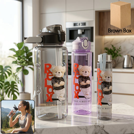 Plastic Water Bottle Set – BPA-Free, Leak-Proof, Cartoon Design for Kids & Gym (3 Pc Set)