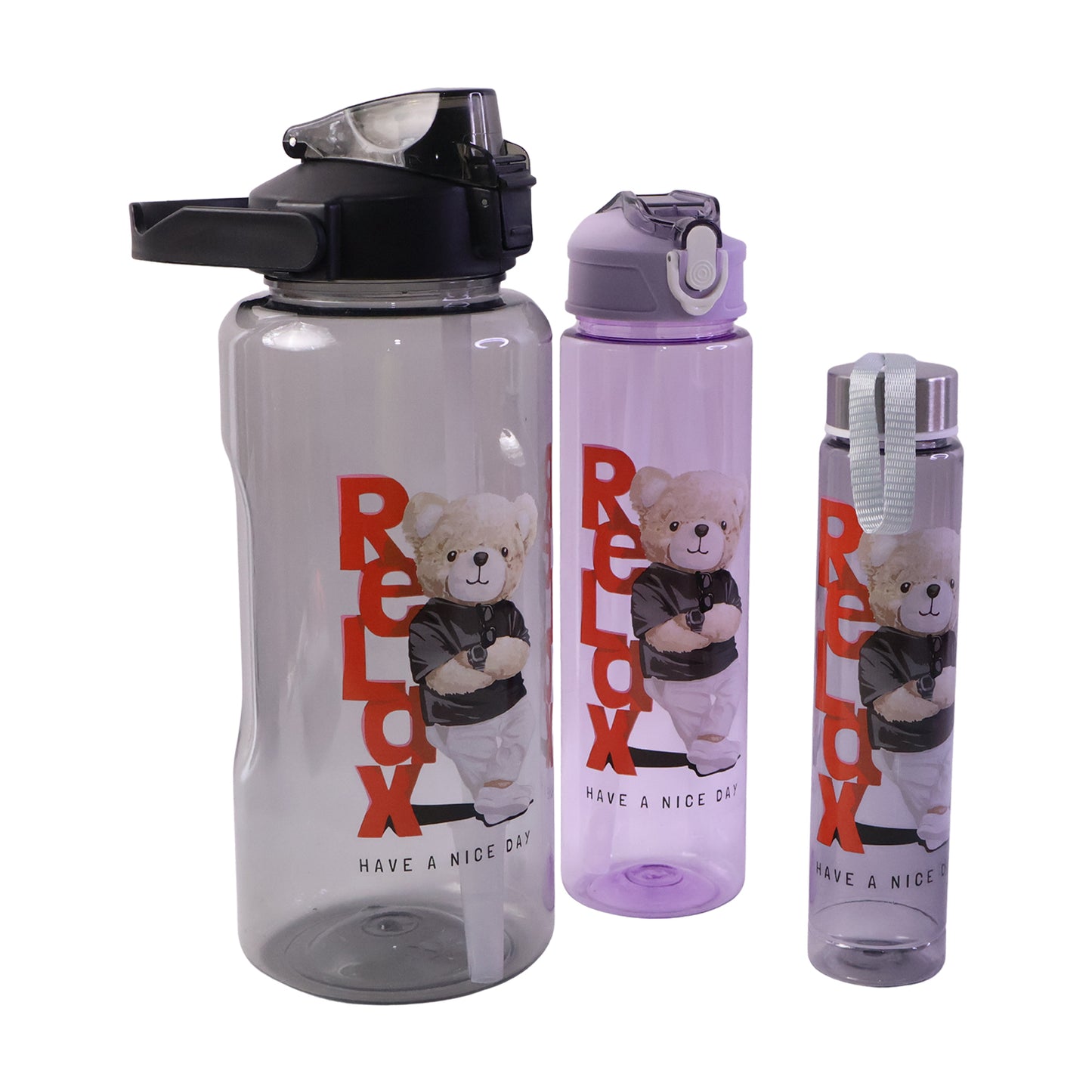 Plastic Water Bottle Set – BPA-Free, Leak-Proof, Cartoon Design for Kids & Gym (3 Pc Set)