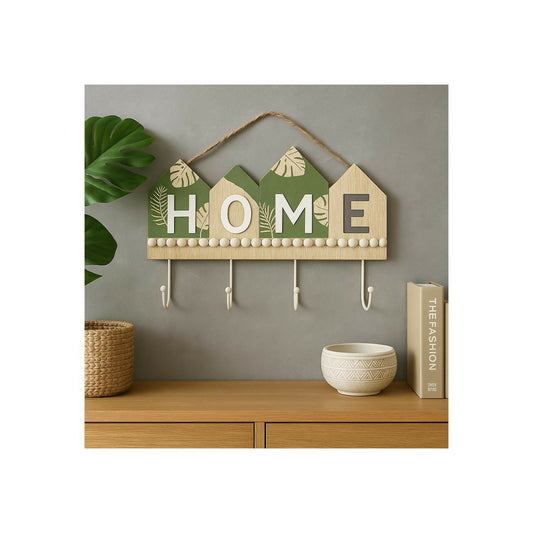 Rustic Wooden Wall Key Holder with â€œHOMEâ€ Letter Design â€“ Decorative Wall Hanging with 4 Sturdy Hooks and Rope Hanger â€“ Ideal for Entryway, Living Room, Kitchen, Bedroom, Office, and Housewarming Gifting